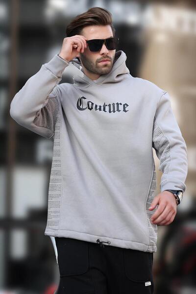 Madmext Boyalı Gri Kapüşonlu Baskılı Erkek Sweatshirt 7090