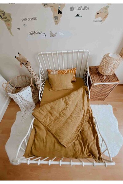 Cigit Pursed Muslin Duvet Cover Set 100X135 cm / - 3cm Bed Sheet 120X150 Pillow 35X45 cm Mustard Yellow