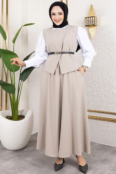 Tesettür Diyarı Women's Polyviscose Fabric Hedy Belted Vest Skirt Set