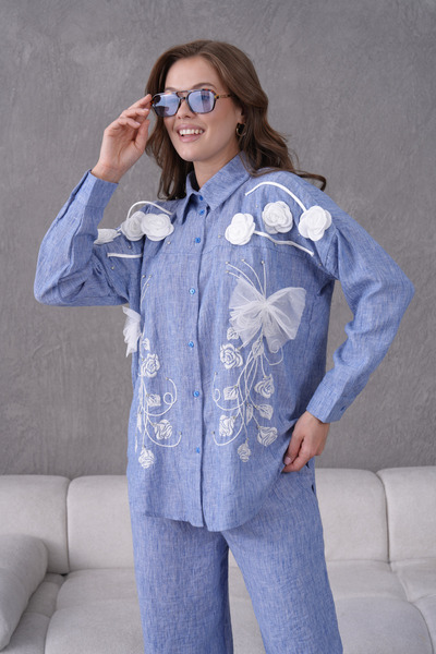 Miss Allos Women's Front Embroidered Rose Flower and Stone Decorated Ribbon Detailed Linen Shirt and Pants Bottom Top Set