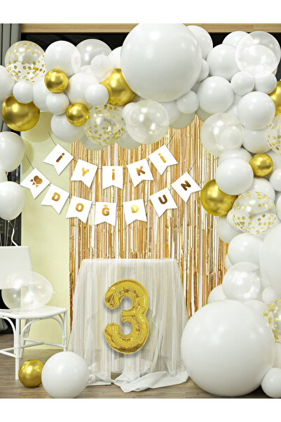 Parti Atölyesi 3 Yaş Balonlu Beyaz Konsept Doğum Günü Balon Zinciri Toplam 35...