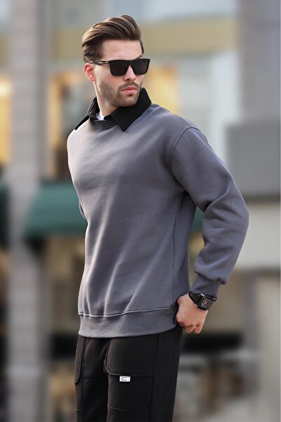 Madmext Men's Polo Collar Smoked Sweatshirt - 7086