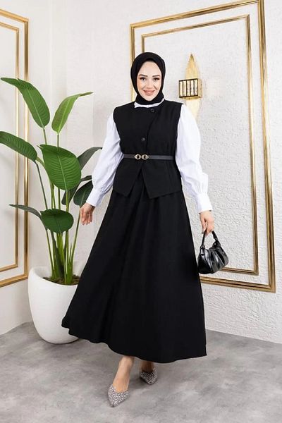 Tesettür Diyarı Women's Polyviscose Fabric Hedy Belted Vest Skirt Set