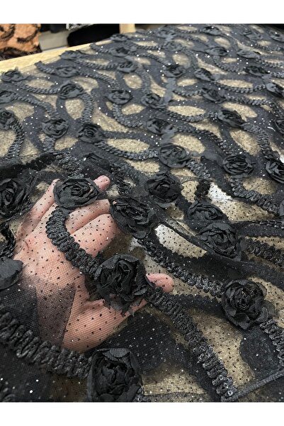 METERİAL 3D Gül Desenli Siyah Pul İşlemeli Tül Kumaş 130 cm En – Abiye ve Öze...