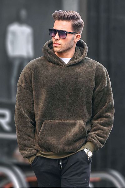Madmext Khaki plyšová pánská mikina s kapucí 6050