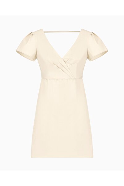 Armani Exchange Kadın Normal Kalıp Pamuklu Kısa Kollu V Yaka Kısa Bej Elbise XW000476 AF12812-U1092