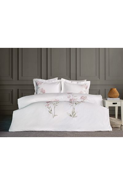Dantela Lavinya Embroidered Cotton Satin Duvet Cover Set - Powder