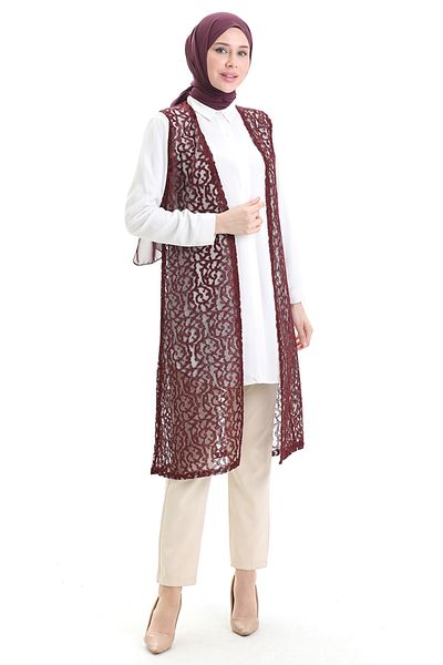 sefamerve Lace Long Vest 8742-04 Claret Red
