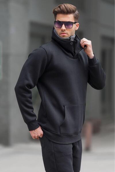 Madmext Tricotaj Guler Hanorac negru cu nasturi 4411