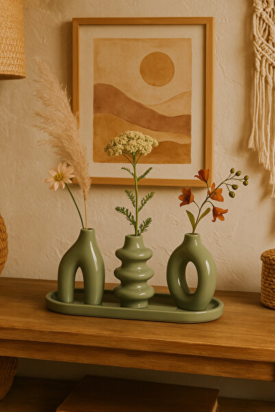 Lush Sisters Modern Mini Vazo Seti | Adaçayı Yeşil | İskandinav & Bohem Tarz | 3'lü Takım