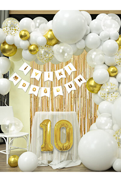 Parti Atölyesi 10 Yaş Balonlu Beyaz Konsept Doğum Günü Balon Zinciri Toplam 3...