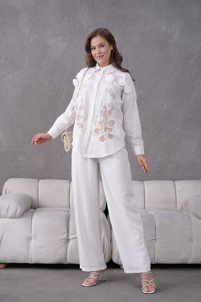 Miss Allos Women's Front Embroidered Rose Flower and Stone Decorated Ribbon Detailed Linen Shirt and Pants Bottom Top Set