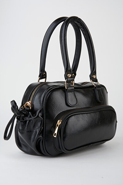 Vivaq Women's Mila Black Wrinkled Shiny Faux Leather Zipper Closure Strap Handbag and Shoulder Bag