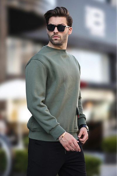 Madmext Ανδρικό φούτερ - Χακί Crew Neck, Raised Pocket Detail, Printed - 7061
