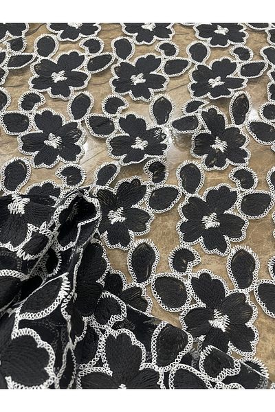METERİAL Black and White Floral Patterned Tulle Lace Fabric – 130 cm Wide, Embroidered and Stylish Design