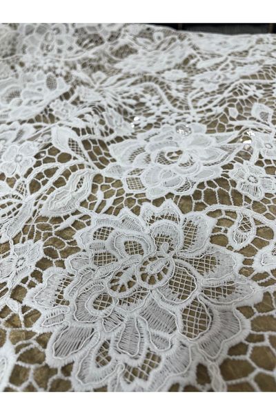 METERİAL 130 cm Width Lace Fabric with White Cord - Patterned Tulle Lace Meter Fabric