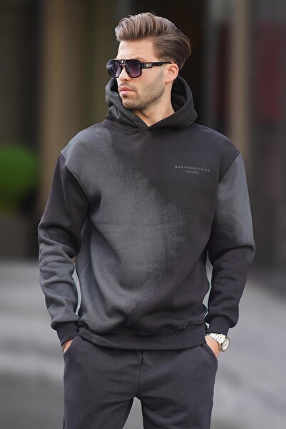 Madmext Ανδρικό φούτερ Oversize - Μαύρο εμπριμέ, με κουκούλα και απαλό ύφασμα 7051