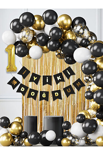 Parti Atölyesi 1 Yaş Balonlu Siyah Konsept Doğum Günü Balon Zinciri Toplam 35...