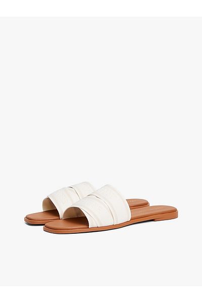 Tommy Hilfiger Women's Double Snap Elastic Tommy Written Flat Sole Ecru Slippers Fw0Fw08421-Ybl
