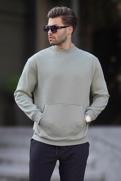 Madmext Sweatshirt für Herren – Mintgrün, Rundhalsausschnitt, Stickereidetail und Tasche 7049