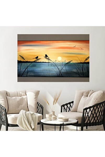 HDART Sanatsal Soyut Kuş Ağaç Göl Doğa Manzara Gün Batımı Duvar kanvas Tablo ...
