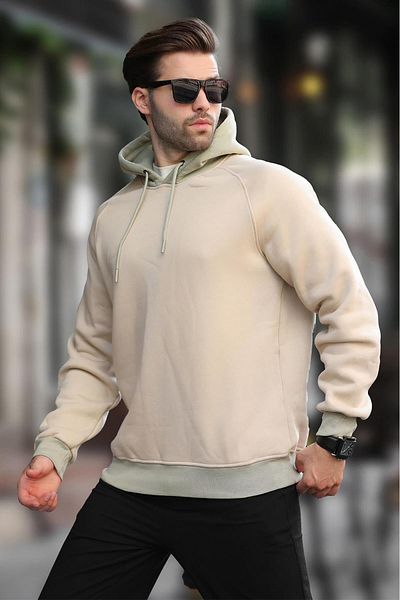 Madmext Φούτερ με κουκούλα 7073 Model Beige με σχέδιο μπλοκ