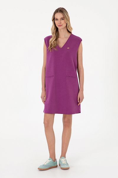 U.S. Polo Assn. Women's Violet Modal Blended V-Neck Knitted Dress 50300760 -Vr037
