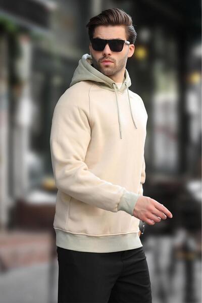 Madmext Φούτερ με κουκούλα 7073 Model Beige με σχέδιο μπλοκ