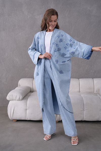 Miss Allos Women's Front Embroidered Pearl Detailed Denim Kimono Cardigan and Pants Bottom Top Set
