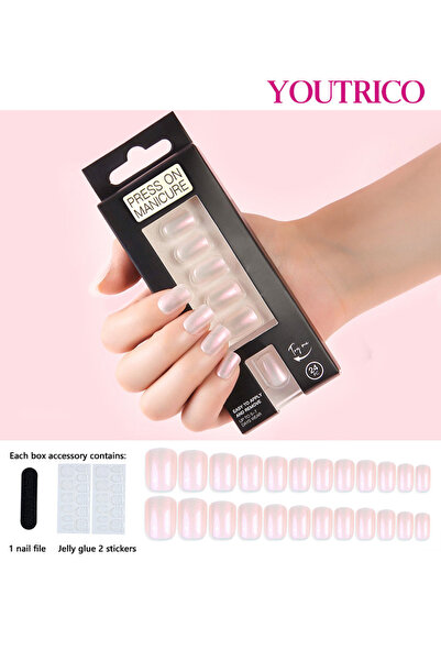Youtrico 24 أظافر صناعية، مانيكير أورورا وردي لامع للسيدات، أظافر قصيرة، أظاف...