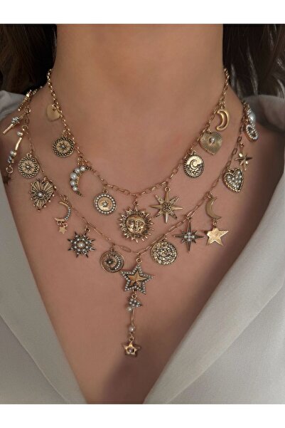 h&b design jewel Çelik Vintage Güneş Detay Charmlı Kolyeler