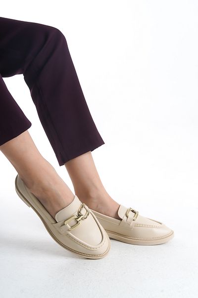 pelivia natural living Women's Cream Loafer Large Buckle Casual Moccasin Patent Leather Daily Stylish and Comfortable Shoes