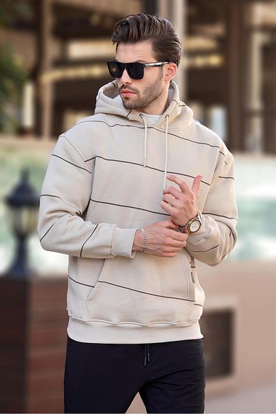Madmext Men's Striped Beige Sweatshirt with Hood and Pocket Detail 7063