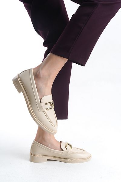 pelivia natural living Women's Cream Loafer Large Buckle Casual Moccasin Patent Leather Daily Stylish and Comfortable Shoes