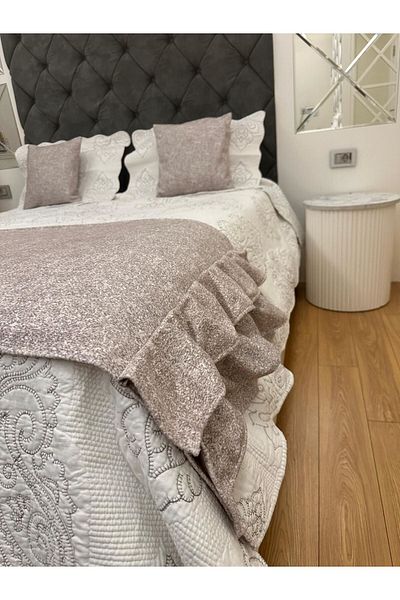 Becenhouse Bed Runner Set Double Size Frilly Spotted Cream 1 Runner 2 Cushion for Home and Hotels