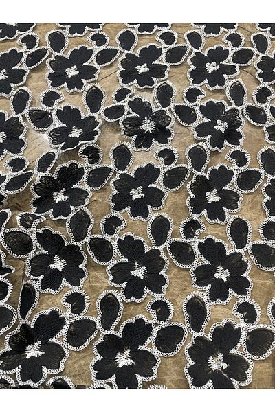 METERİAL Black and White Floral Patterned Tulle Lace Fabric – 130 cm Wide, Embroidered and Stylish Design