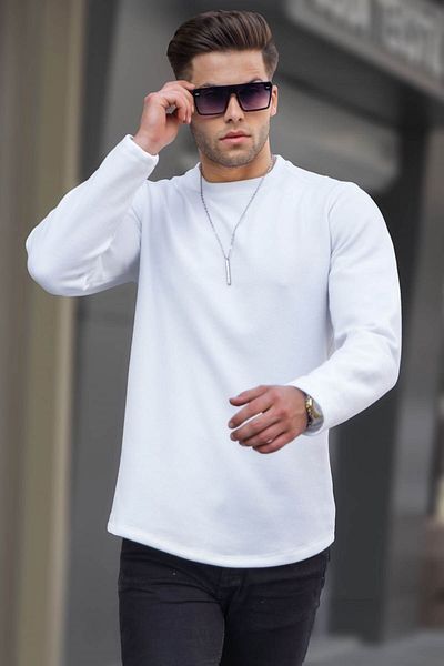 Madmext White Crew Neck Regular Fit Basic Sweatshirt 6023