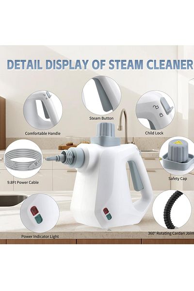 ET-LIFE Steam Cleaner, 1050W, 3 Bar Steam Pressure, 400ml Capacity, with 9pcs Accessory