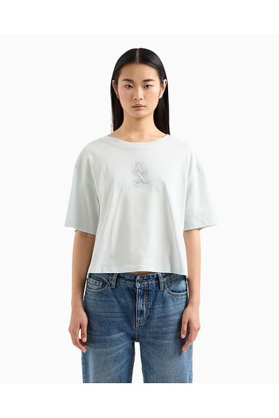 Armani Exchange Γυναικείο μπλουζάκι με κανονική εφαρμογή με στρας κεντημένο 100% βαμβακερό Crop Ecru XW000102 AF10359-U9093