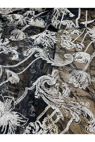 METERİAL White Embroidered Lace Fabric on Black Background - 135 cm Width - 1 Meter