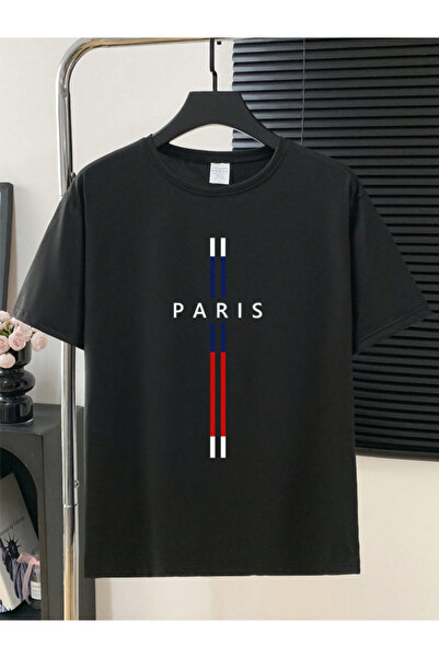 Marco Fresco Unisex Plain Striped Paris Special Printed Oversized Crew Neck T-Shirt