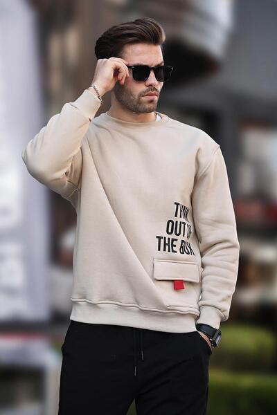 Madmext Bej Bisiklet Yaka Şardonlu Cep Detaylı Baskılı Erkek Sweatshirt 7061