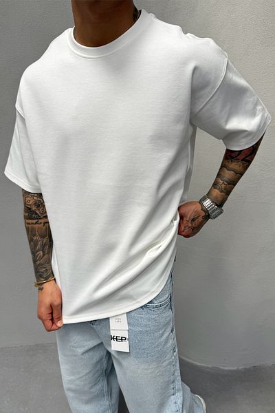 MADZEYMODA Ανδρικό μπλουζάκι με άνετη εφαρμογή Crew Neck Lycra White Basic T-shirt KE-3004
