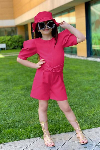 Riccotarz Girl's Crew Neck Half Sleeve Waist Tie Detailed Fuchsia Shorts Jumpsuit