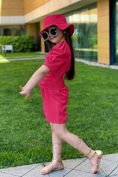 Riccotarz Girl's Crew Neck Half Sleeve Waist Tie Detailed Fuchsia Shorts Jumpsuit