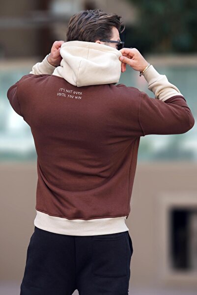 Madmext Мъжки суитшърт 7083 - горчиво кафяв, с качулка, щампи и джобове