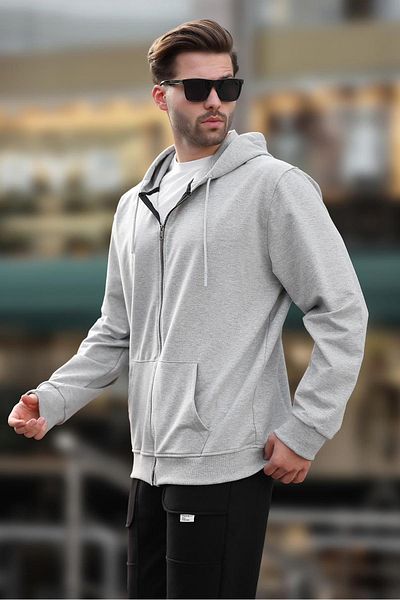 Madmext Men's Gray Hooded Zippered Cardigan 7070