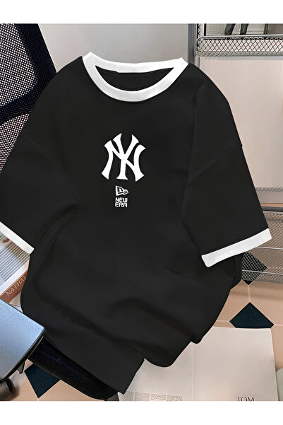 Revasser Unisex Erkek/kadın Siyah Beyaz Yaka Ny Özel Baskılı Oversize Pamuklu...