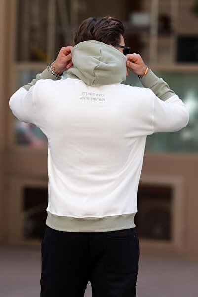 Madmext Men's Sweatshirt 7083 - Ecru Hooded, Printed and Pocket Detailed