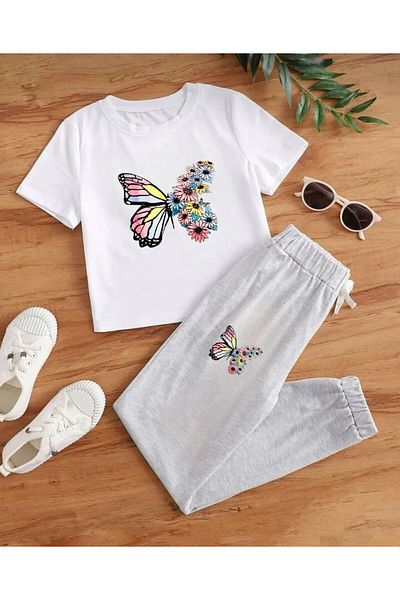 MORNİNG KİDS Girl's Summer Fabric Gray Tracksuit Floral Butterfly Printed White T-Shirt Set